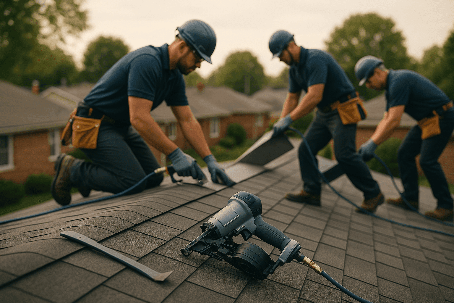 Professional roofing crew working on a residential roof wearing safety gear under daylight
