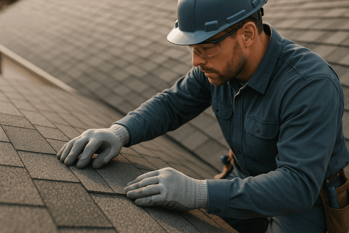 Close-up of roofer’s gloved hands aligning asphalt shingles on a residential roof